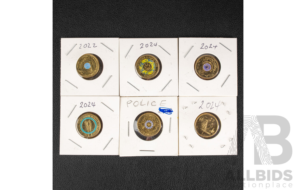 Six Australian UNC Two Dollar Coins Including 2019 Police Remembrance, 2022 75th Anniversary Peacekeeping, 2022 WNRL Premiership, 2024 Olympics, 2024 War Animals Remembrance, 2024