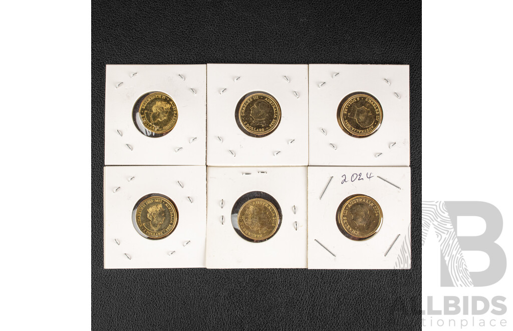 Six Australian UNC Two Dollar Coins Including 2019 Police Remembrance, 2022 75th Anniversary Peacekeeping, 2022 WNRL Premiership, 2024 Olympics, 2024 War Animals Remembrance, 2024