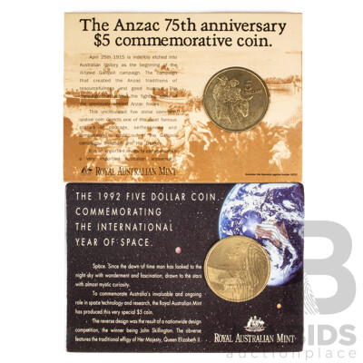 Two Australian Five Dollar Coins 1990 ANZAC and 1992 Year of Space