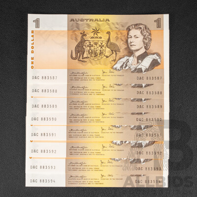 Eight Australian 1979 UNC One Dollar Notes, Knight/Stone R77 Consecutive 
