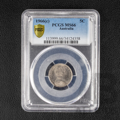 Australian 1966 Five Cent Coin, Graded PCGS MS66 a/GEM 30