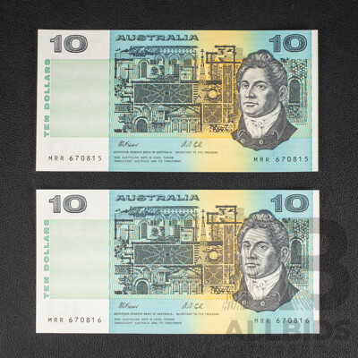 Two Australian 1991 UNC Ten Dollar Notes R313bL Fraser/Cole, Consecutive, Last Prefix