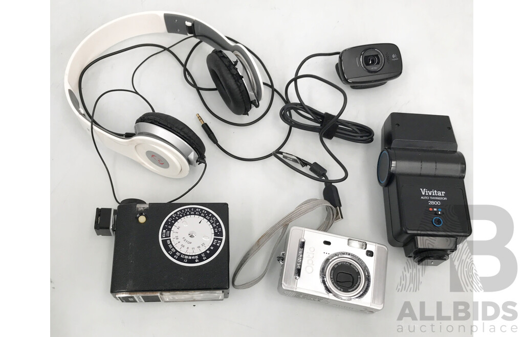 Assorted Multimedia Items - Beats by Dre Wired Headphone,  OptioS50 Digital Camera, Logitech Webcam, and More