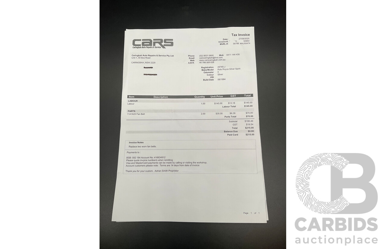 1984 Rolls-Royce Silver Spirit 4d Sedan Twin Carb V8 Georgian Silver Metallic V8 6.8L