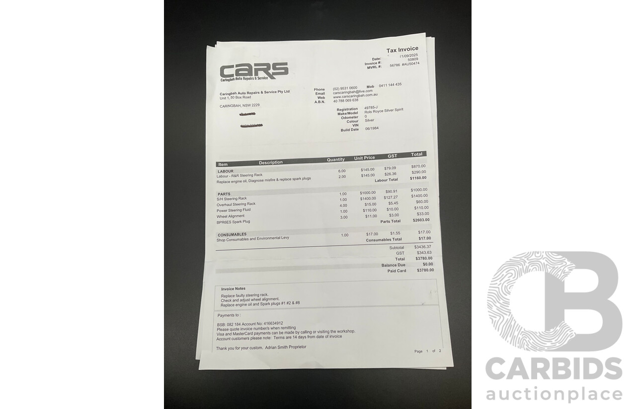 1984 Rolls-Royce Silver Spirit 4d Sedan Twin Carb V8 Georgian Silver Metallic V8 6.8L