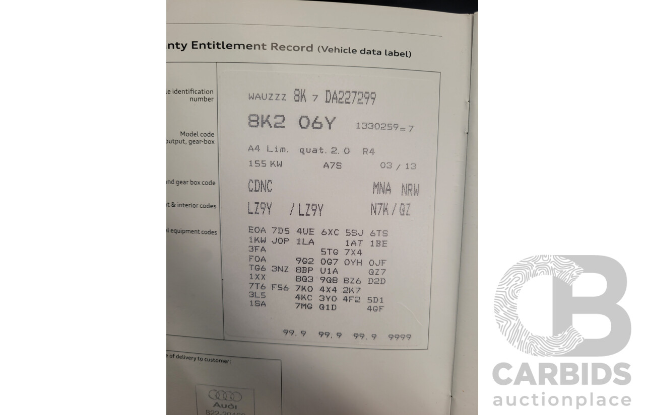 6/2013 Audi A4 2.0 TFSI Quattro (AWD) B8 MY13 4D Sedan Phantom Black Pearlescent Turbo 2.0L