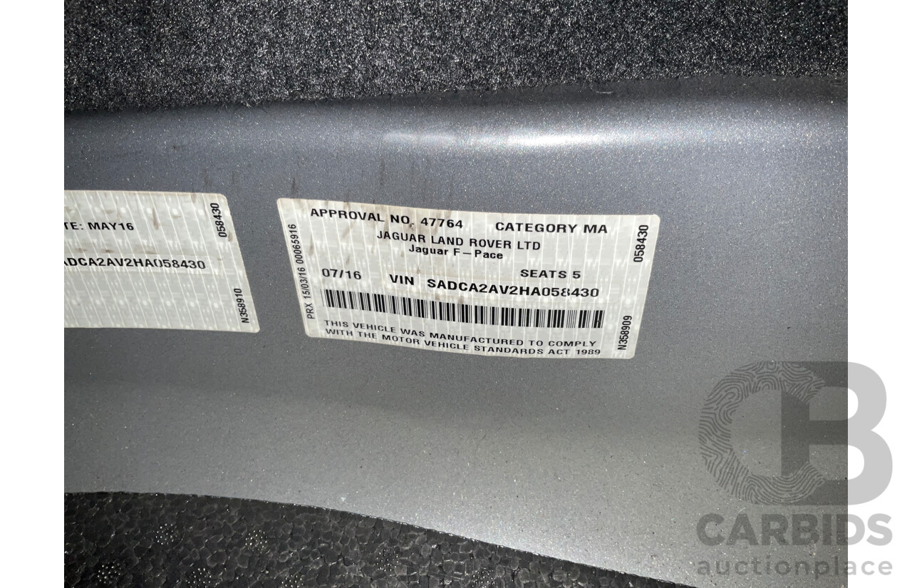 7/2016 Jaguar F-Pace 35t R-Sport (AWD) 4D Wagon Ammonite Grey Metallic Supercharged V6 3.0L