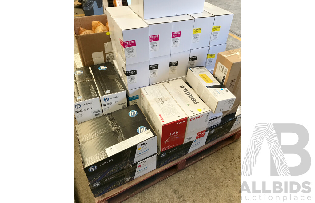 Pallet Lot of Assorted Printer Toners and Cartridges From HP, Canon, and Lexmark
