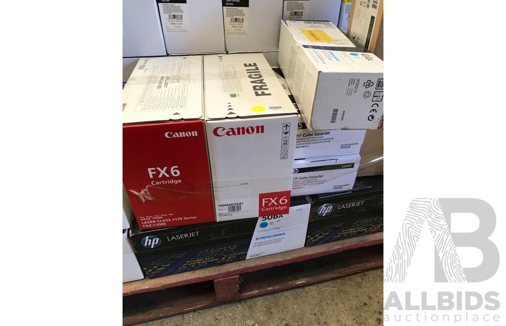 Pallet Lot of Assorted Printer Toners and Cartridges From HP, Canon, and Lexmark