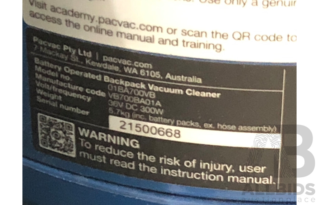 Pacvac Superpro Battery 700 36 Volt Cordless Backpack Vacuum Cleaner