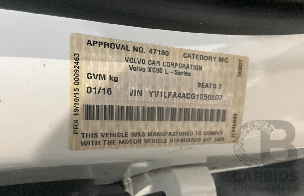 01/2016 Volvo XC90 D5 2.0 Inscription (AWD) 256 MY16 4d Wagon Ice White Turbo Diesel 2.0L