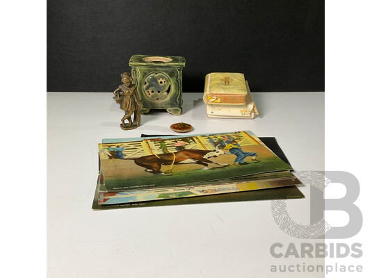Vintage Sunday Missal Prayer Book, R.R Doubleday USA 1940's Giant Rodeo Postcards, Cast Metal Young Girl Ornament, Vintage Pendant, Vintage Glazed Vase
