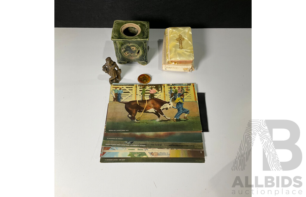 Vintage Sunday Missal Prayer Book, R.R Doubleday USA 1940's Giant Rodeo Postcards, Cast Metal Young Girl Ornament, Vintage Pendant, Vintage Glazed Vase
