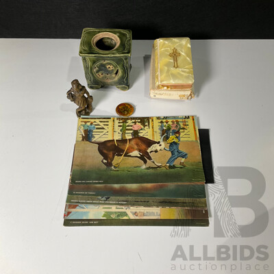 Vintage Sunday Missal Prayer Book, R.R Doubleday USA 1940's Giant Rodeo Postcards, Cast Metal Young Girl Ornament, Vintage Pendant, Vintage Glazed Vase