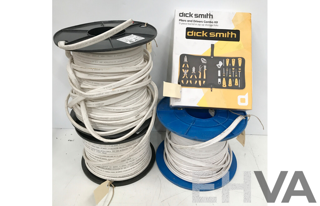 Assorted Spools of Electrical Wire and Dick Smith 11 Piece Pliers and Drivers Combo Kit - Lot of 4