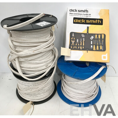 Assorted Spools of Electrical Wire and Dick Smith 11 Piece Pliers and Drivers Combo Kit - Lot of 4