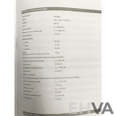 Ryobi (RPD800) Corded 800W Hammer Drill with Case