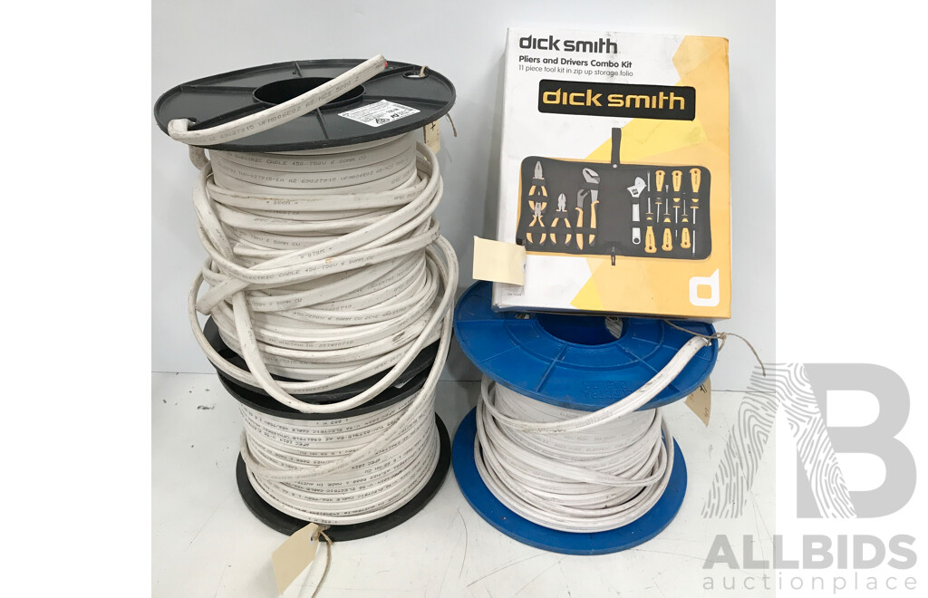 Assorted Spools of Electrical Wire and Dick Smith 11 Piece Pliers and Drivers Combo Kit - Lot of 4