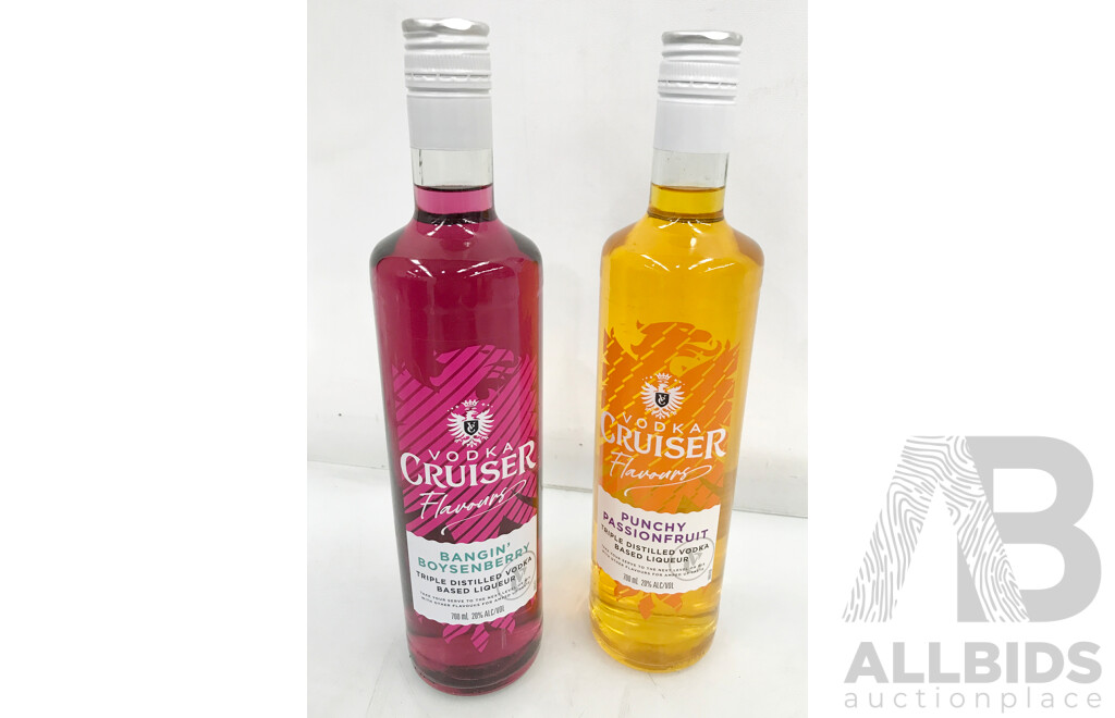 700mL Bottles of Vodka Cruiser Bangin Boysenberry and Punchy Passionfruit Flavoured Triple Distilled Vodka