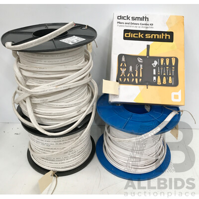 Assorted Spools of Electrical Wire and Dick Smith 11 Piece Pliers and Drivers Combo Kit - Lot of 4