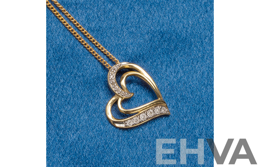 9ct Yellow Gold Diamond Heart Pendant and Chain - 3.27gms