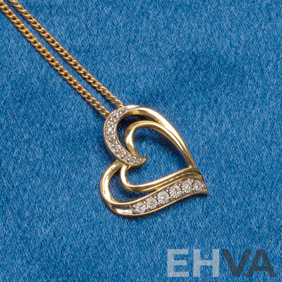 9ct Yellow Gold Diamond Heart Pendant and Chain - 3.27gms