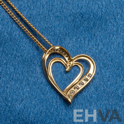 9ct Yellow Gold Diamond Heart Pendant and Chain - 3.27gms