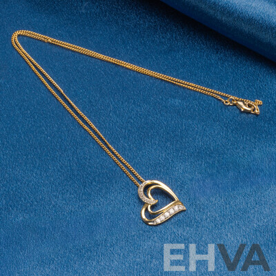 9ct Yellow Gold Diamond Heart Pendant and Chain - 3.27gms