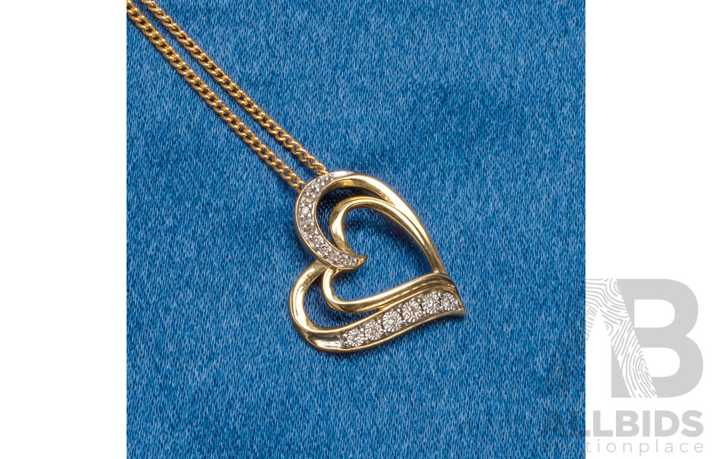 9ct Yellow Gold Diamond Heart Pendant and Chain - 3.27gms