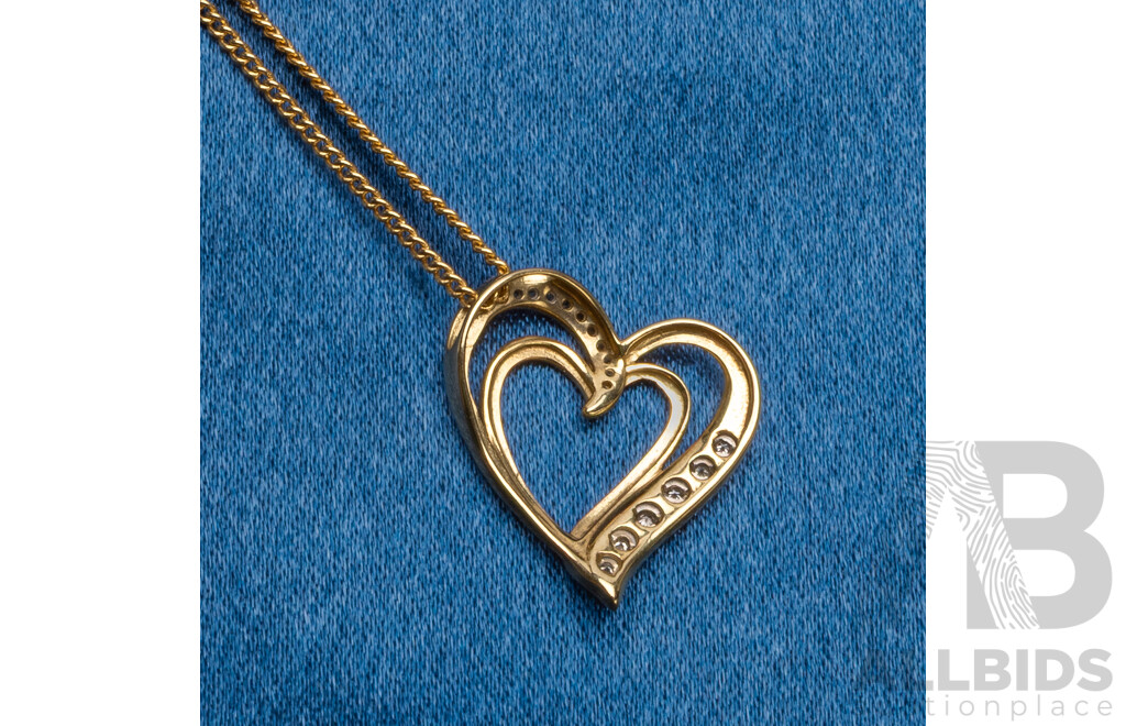 9ct Yellow Gold Diamond Heart Pendant and Chain - 3.27gms