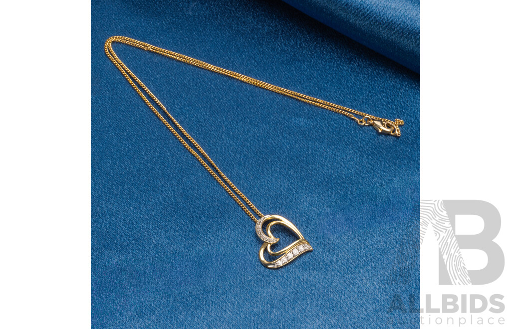 9ct Yellow Gold Diamond Heart Pendant and Chain - 3.27gms