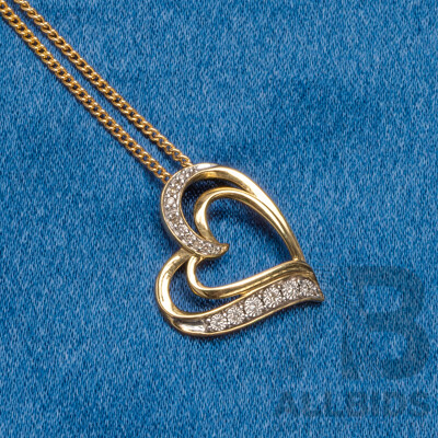 9ct Yellow Gold Diamond Heart Pendant and Chain - 3.27gms