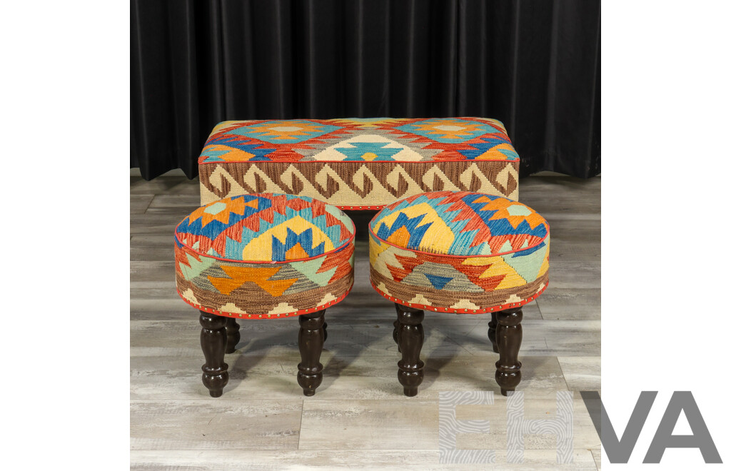 Set of Three Matched Kilim Covered Footstools
