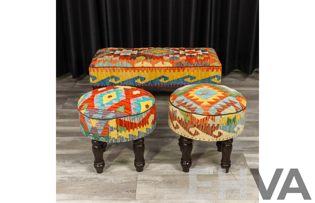 Set of Three Kilim Covered Footstools