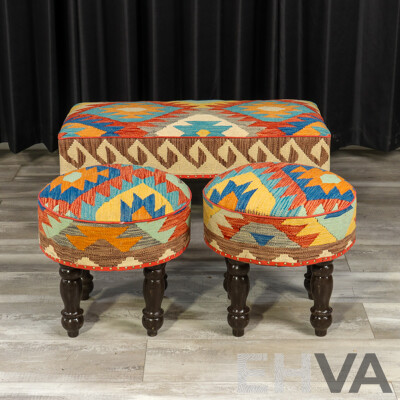 Set of Three Matched Kilim Covered Footstools