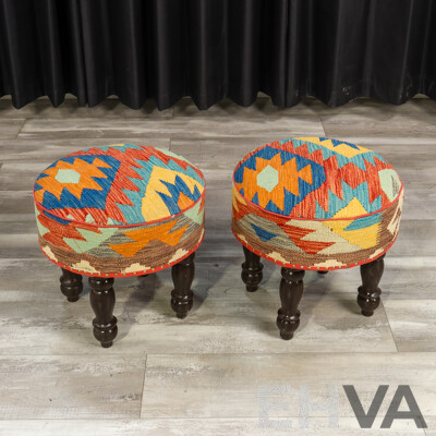 Set of Three Matched Kilim Covered Footstools