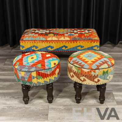 Set of Three Kilim Covered Footstools