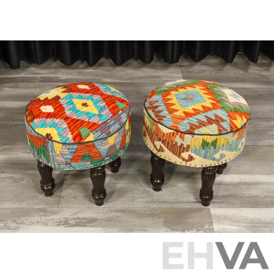 Set of Three Kilim Covered Footstools