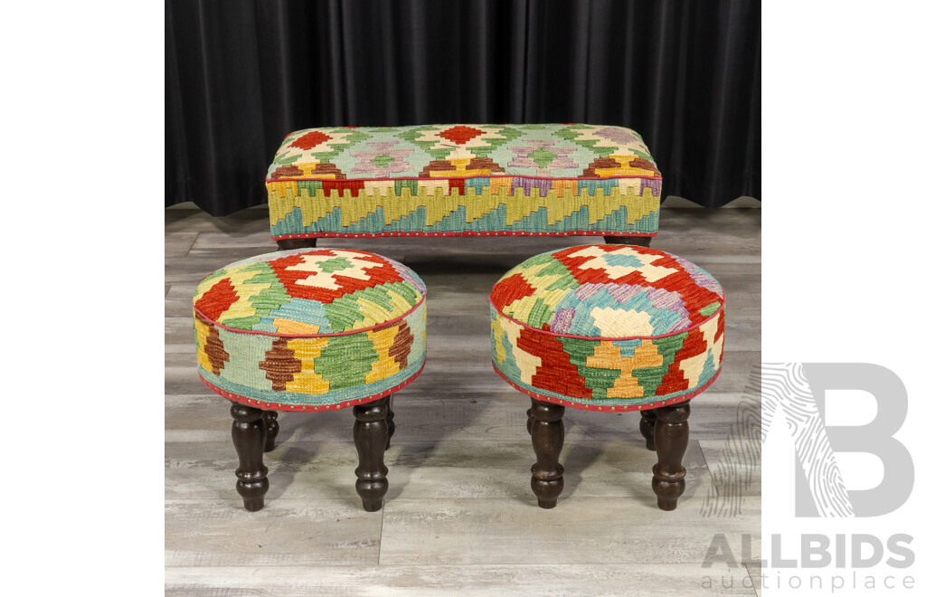 Set of Three Matched Kilim Covered Footstools