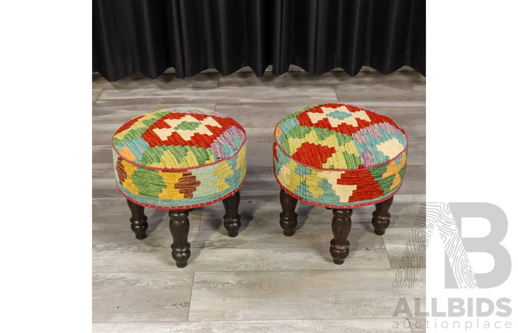 Set of Three Matched Kilim Covered Footstools
