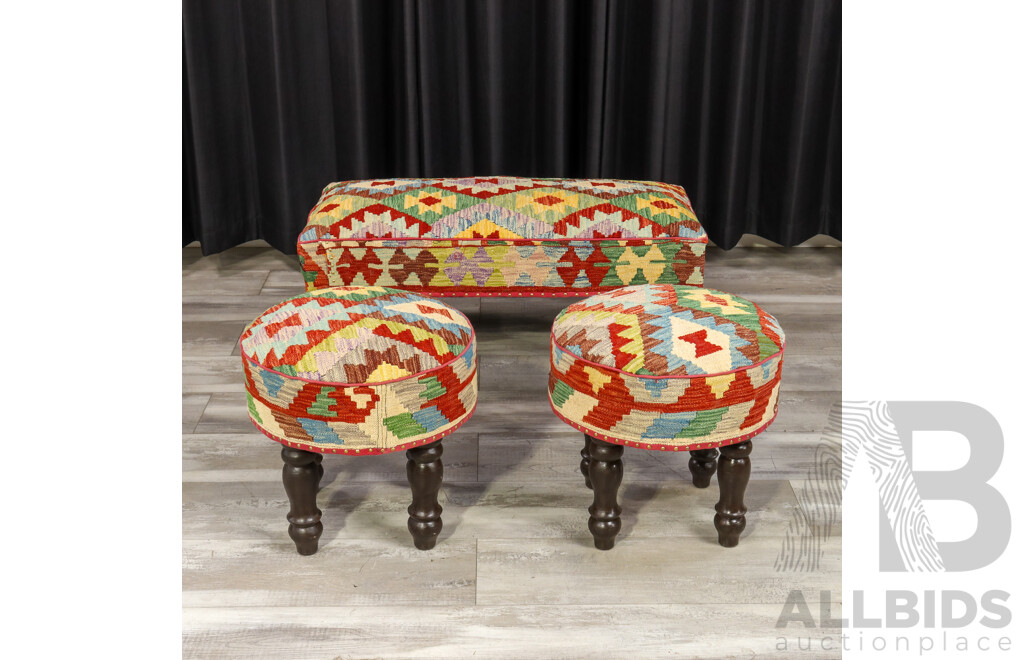 Set of Three Matched Kilim Covered Footstools