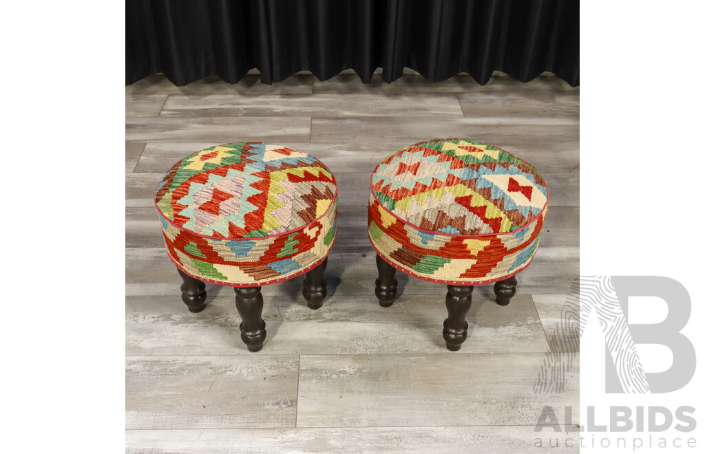 Set of Three Matched Kilim Covered Footstools