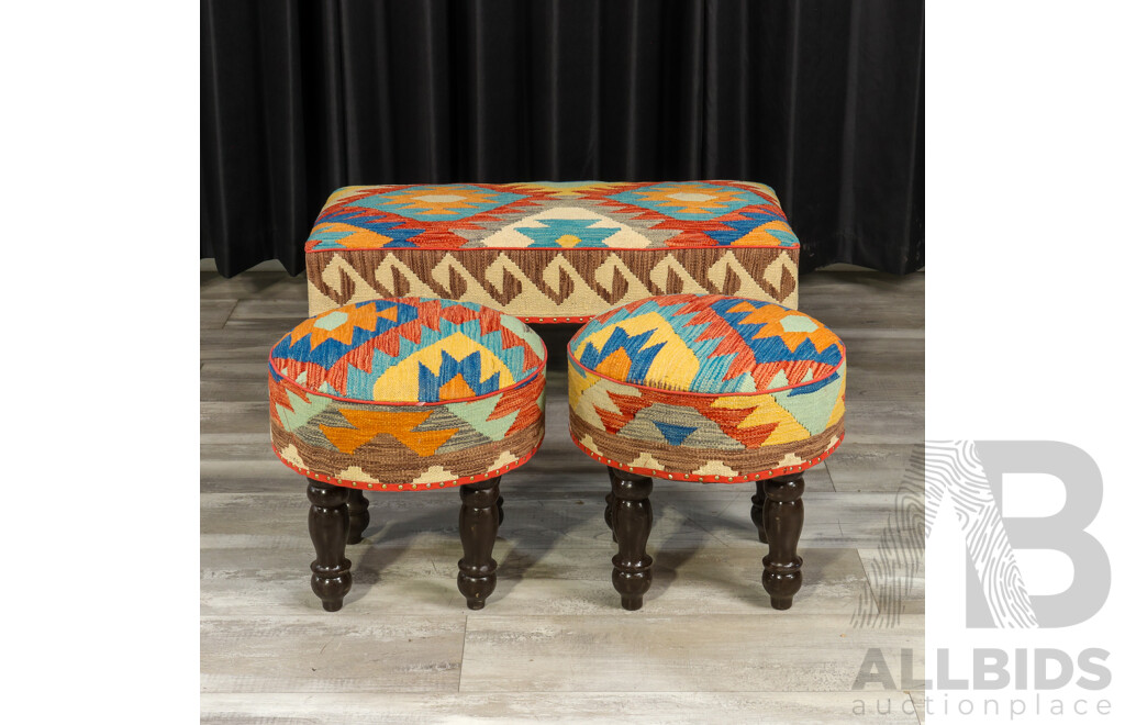 Set of Three Matched Kilim Covered Footstools
