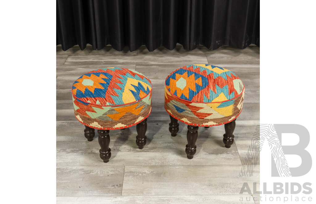 Set of Three Matched Kilim Covered Footstools