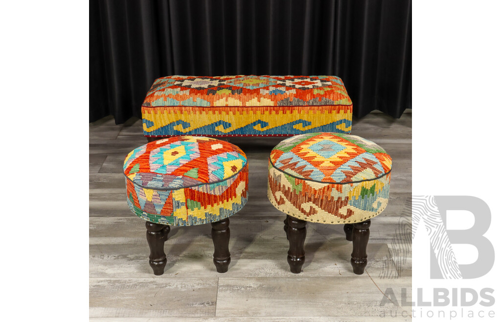 Set of Three Kilim Covered Footstools