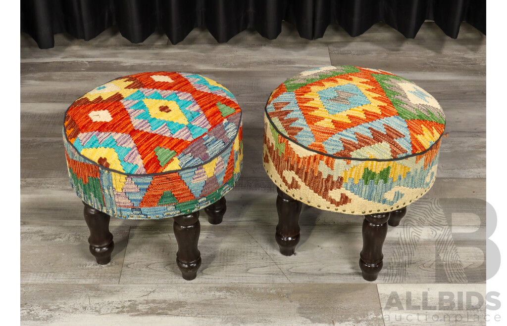 Set of Three Kilim Covered Footstools