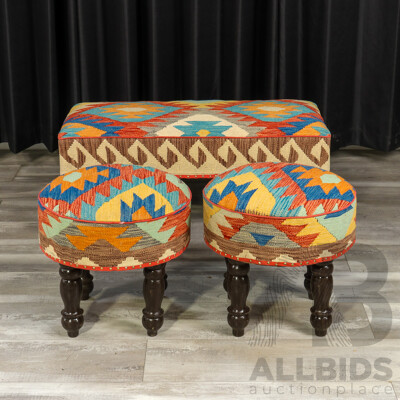 Set of Three Matched Kilim Covered Footstools