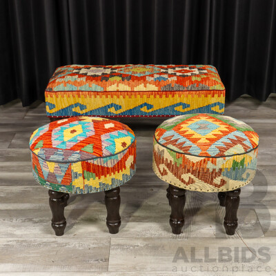 Set of Three Kilim Covered Footstools