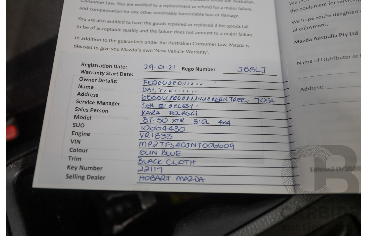 11/2020 Mazda BT-50 XTR (4x4) B30B Dual Cab P/Up Gun Blue Turbo Diesel 3.0L