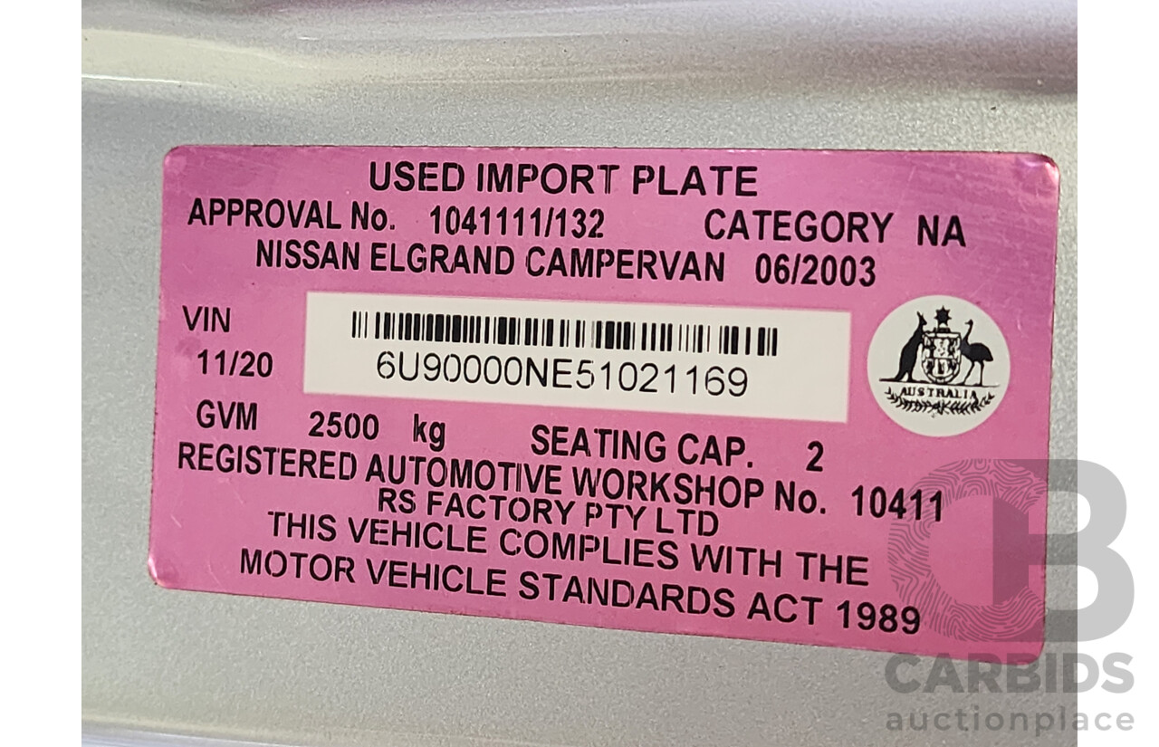 06/2003 Imported Nissan Elgrand Auto 4WD Camper Van Silver 3.5L